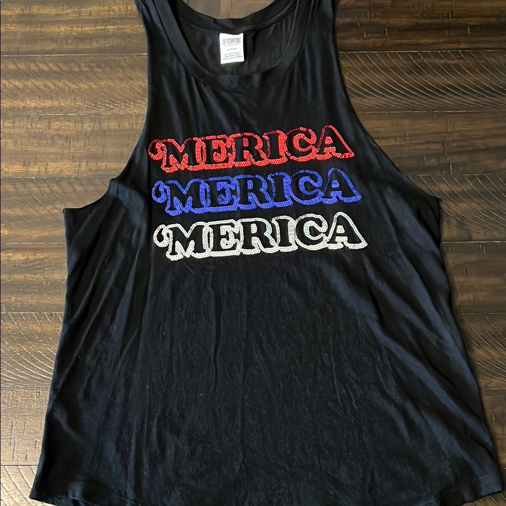 PINK Victoria's Secret Black Tank Top with Red, Blue, and White Graphics